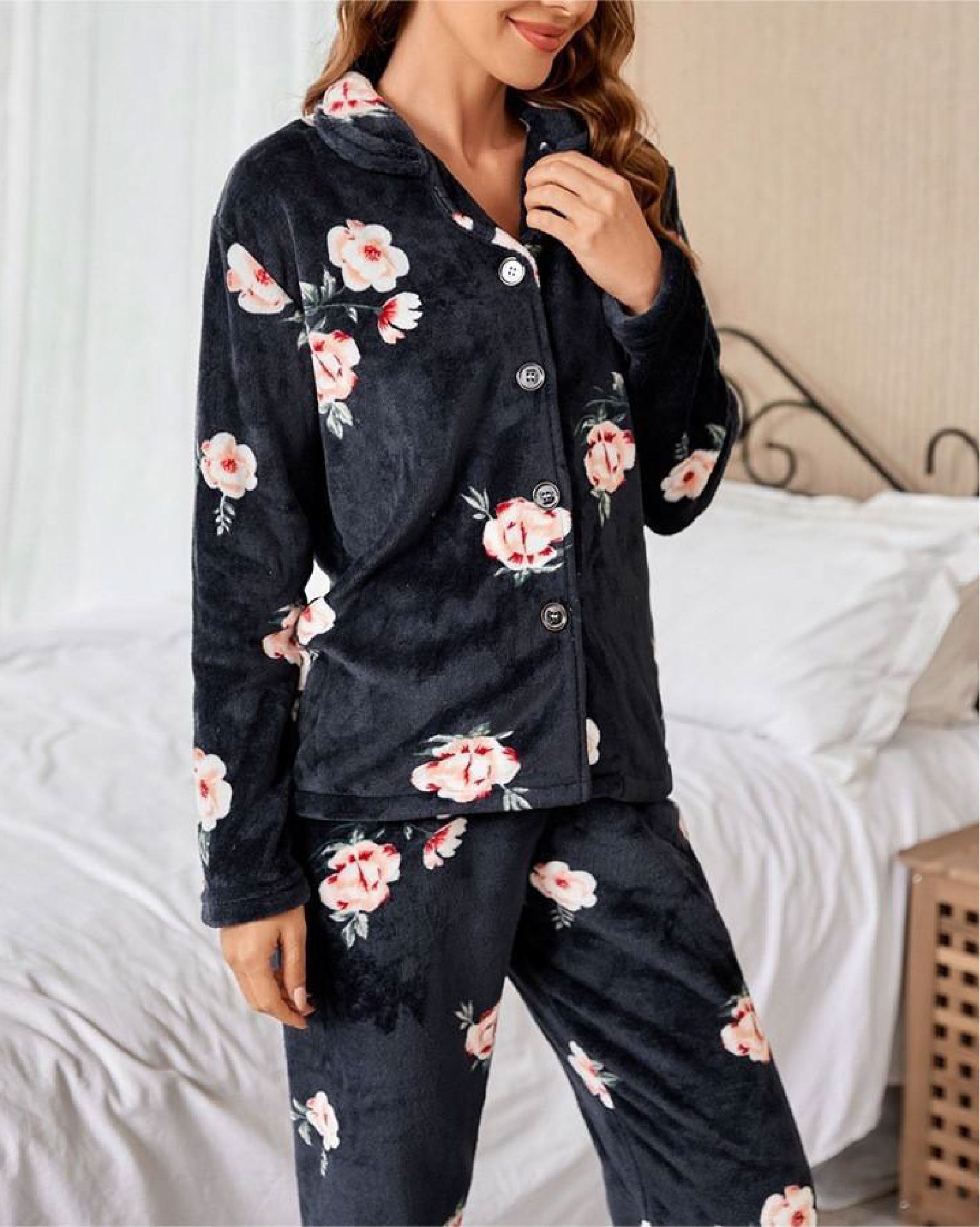 Pajamas - Flowers - Black - 2 pieces